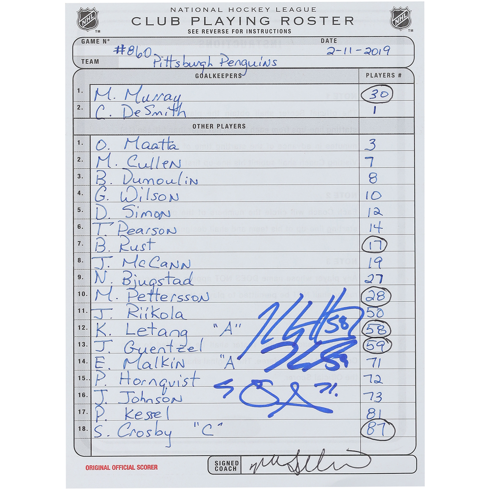 Jake Guentzel, Kris Letang, and Evgeni Malkin Pittsburgh Penguins Autographed Game-Used Lineup Card vs. Philadelphia Flyers on February 11, 2019