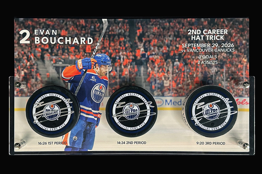 Evan Bouchard #2 - Autographed Edmonton Oilers Hat Trick Goal Puck Set Scored On September 29, 2026 vs. Vancouver Canucks - 2nd NHL Hat Trick Of His Career! - Includes Custom Display Holder