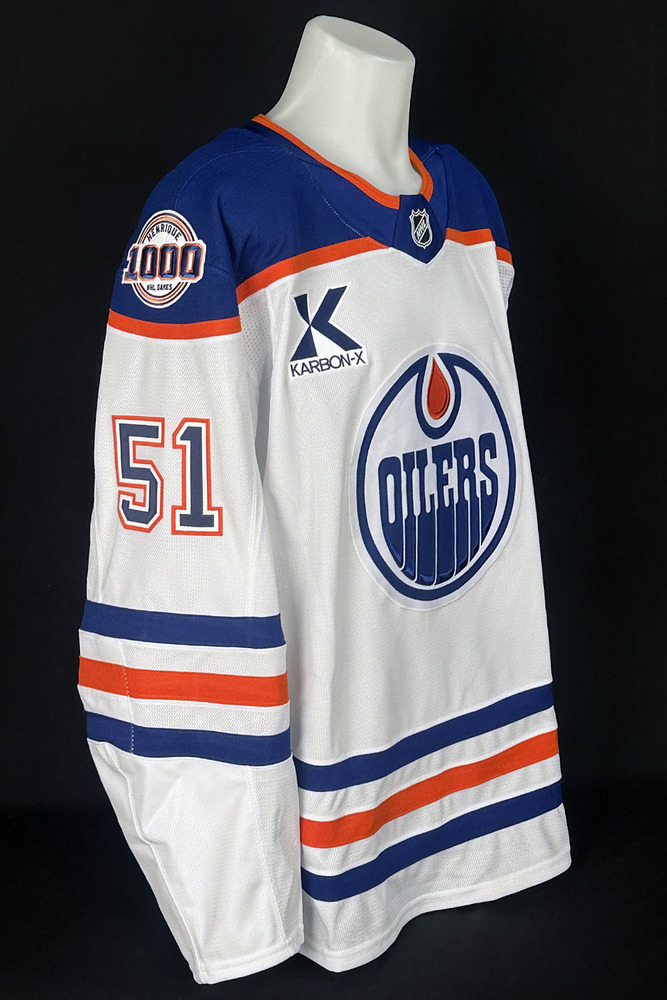 Troy Stecher #51 - 2025-26 Edmonton Oilers Pre-Game Warm-Up Worn Tribute Jersey From Adam Henrique's 1000th NHL Game On October 21, 2025 - Includes Bonus Locker Room Name Plate From Game!