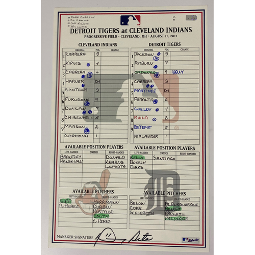 Game Used Lineup Card - 8/11/2011- Justin Verlander 100th Career Win