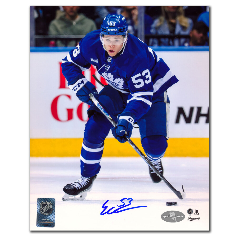 Easton Cowan Autographed Toronto Maple Leafs 8x10 Photo - Skating with Puck