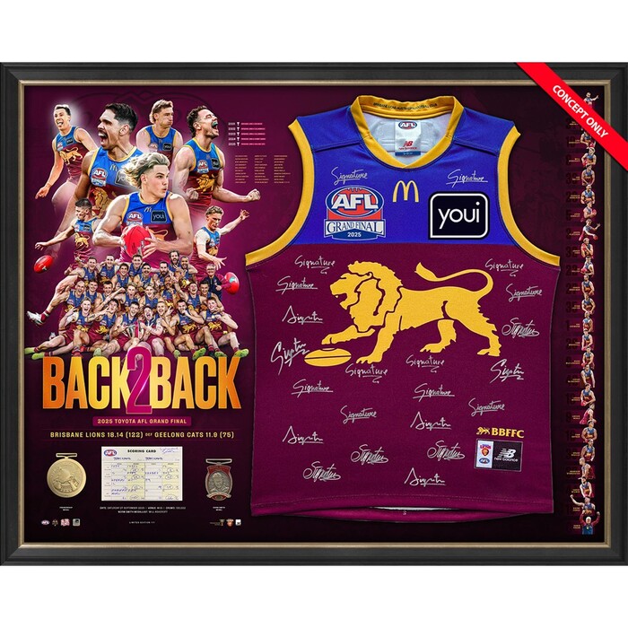 Photo of Brisbane Lions 2025 Premiers Team Signed Guernsey & Scorecard Display