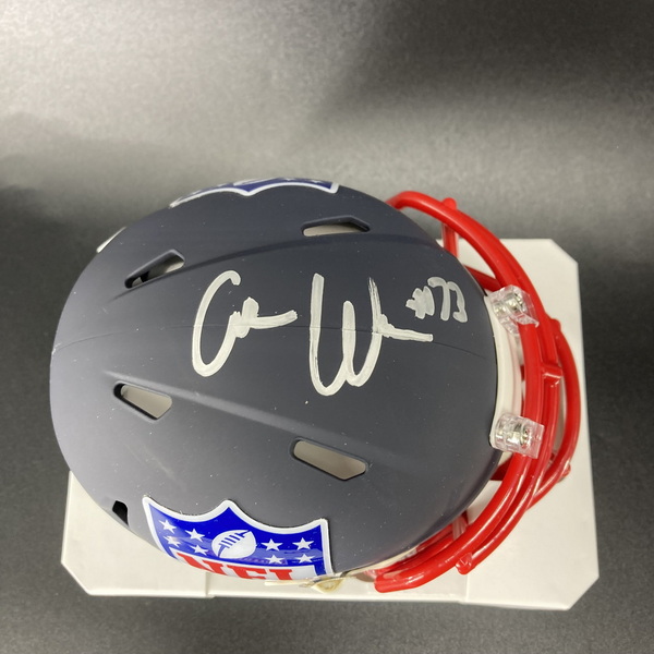 NFL - Patriots Caedan Wallace Signed Blue Shield Mini Helmet