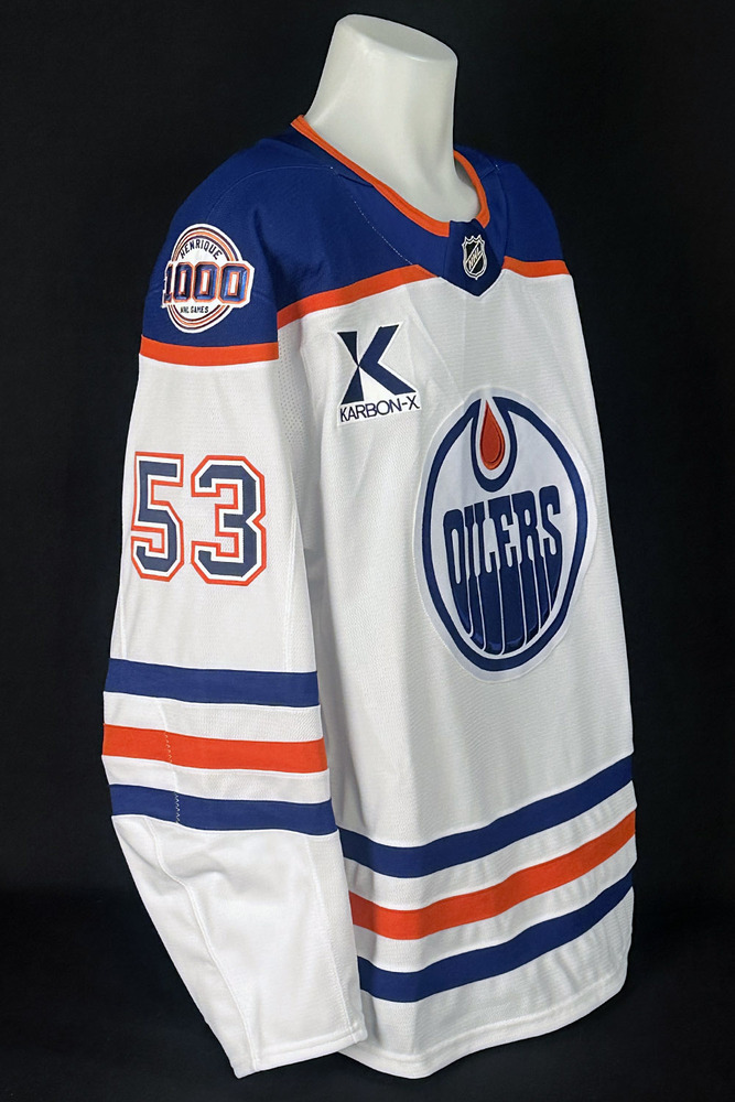 Isaac Howard #53 - 2025-26 Edmonton Oilers Pre-Game Warm-Up Worn Tribute Jersey From Adam Henrique's 1000th NHL Game On October 21, 2025 - Includes Bonus Locker Room Name Plate From Game!
