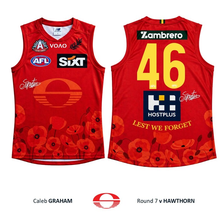 Photo of Caleb Graham #46 Gold Coast SUNS ANZAC Appeal Round Player-Issue Guernsey