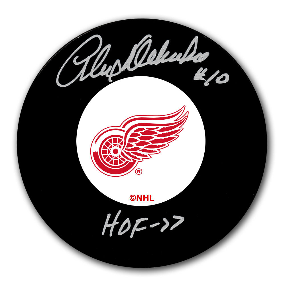 Alex Delvecchio Autographed Detroit Red Wings Hockey Puck - HOF 1977