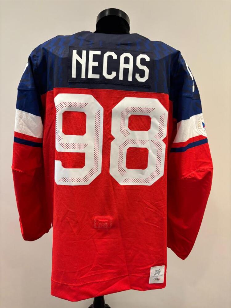 Martin Necas Czechia Game-Used Red Jersey worn v. Denmark on February 17, 2026, as a part of the 2026 Milano Cortina Winter Games.