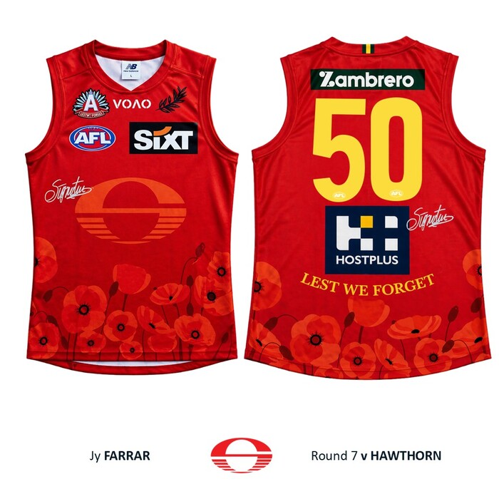 Photo of Jy Farrar #50 Gold Coast SUNS ANZAC Appeal Round Player-Issue Guernsey