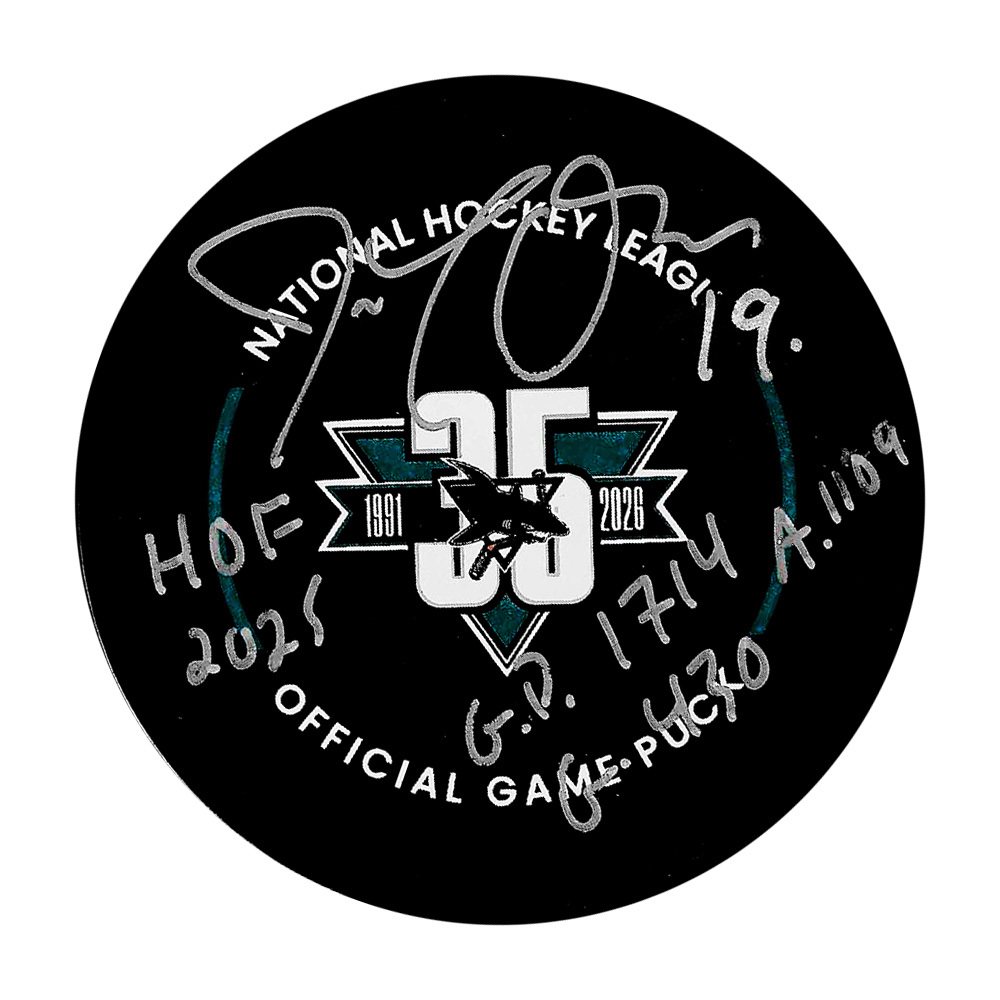 Joe Thornton Autographed San Jose Sharks 35th Anniversary Official Game Puck w/Career Stats Inscription