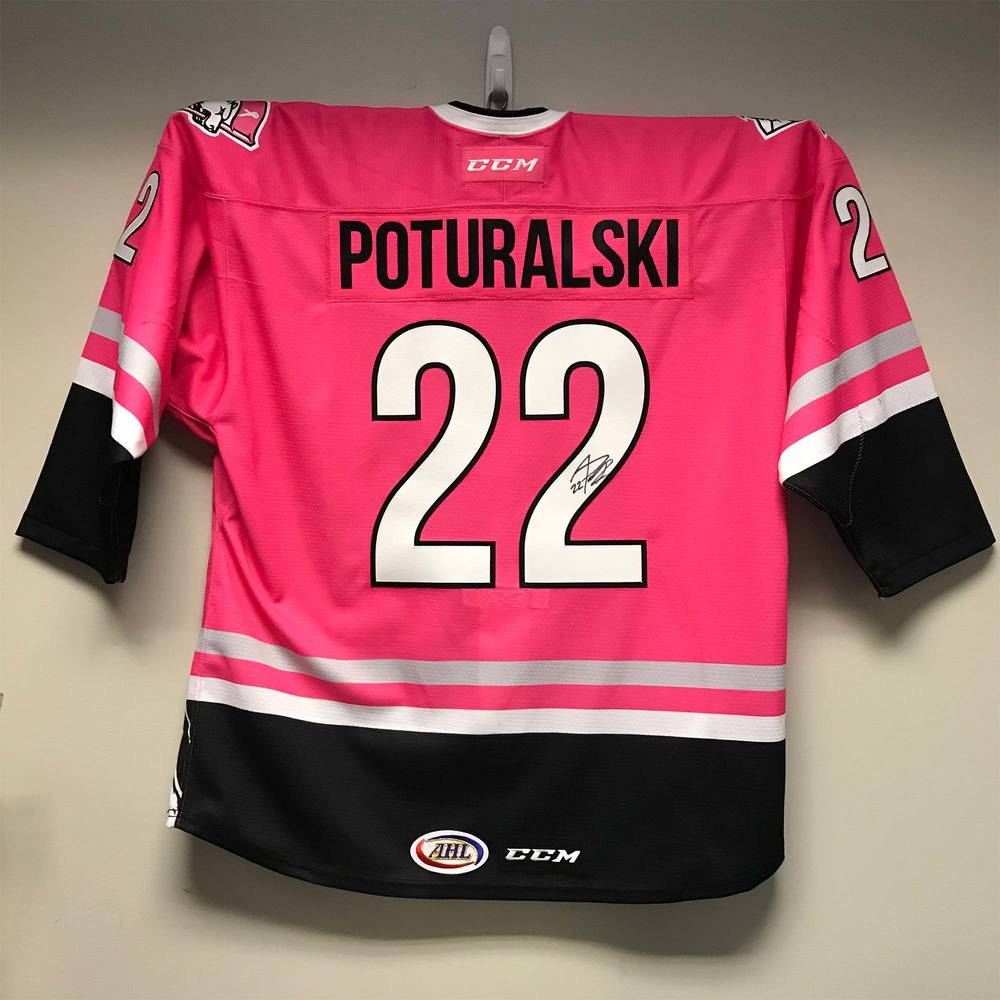 AHL Authentic Charlotte Checkers Pink in the Rink Jersey Worn and Signed by 22 Andrew Poturalski