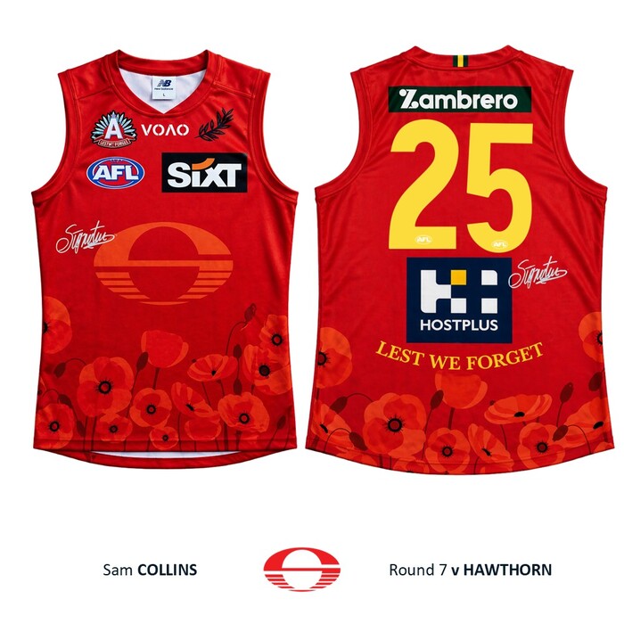 Photo of Sam Collins #25 Gold Coast SUNS ANZAC Appeal Round Match-Worn Guernsey