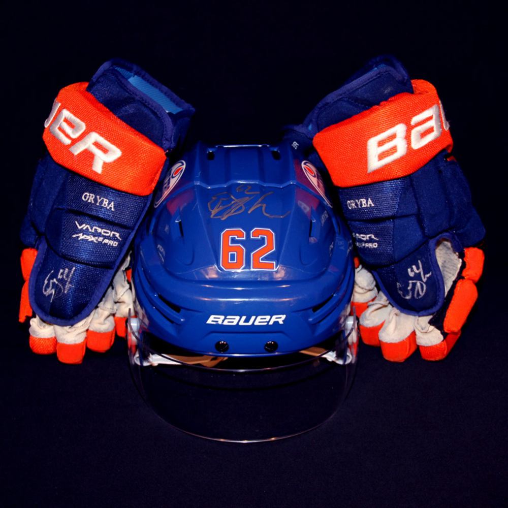 Eric Gryba 62 Autographed 201516 Edmonton Oilers Game Worn Royal Blue Bauer Helmet & Bauer