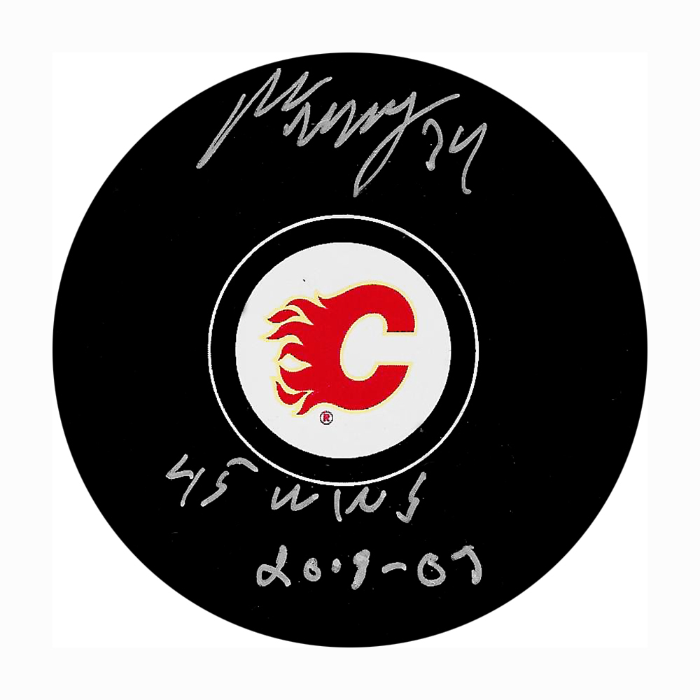Miikka Kiprusoff Autographed Calgary Flames Puck w/45 WINS 2008-09 Inscription