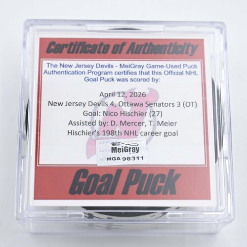 Image of Hischier, Nico - New Jersey Devils - April 12, 2026 vs. Ottawa Senators (Devils Logo)