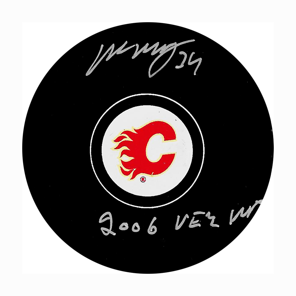 Miikka Kiprusoff Autographed Calgary Flames Puck w/2006 VEZINA Inscription
