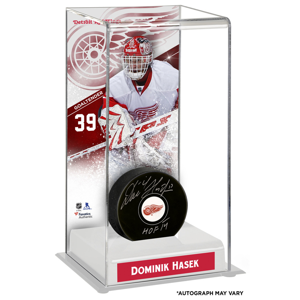 Dominik Hasek Detroit Red Wings Autographed Puck with Deluxe Tall Hockey Puck Case