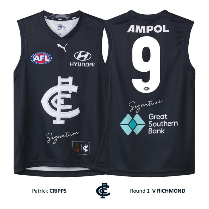 Photo of Patrick Cripps #9 Carlton Round 1 'Raised Monogram' Match Worn Guernsey