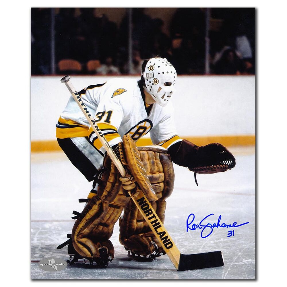 Ron Grahame Autographed Boston Bruins 8x10 Photo - White Jersey Game Action