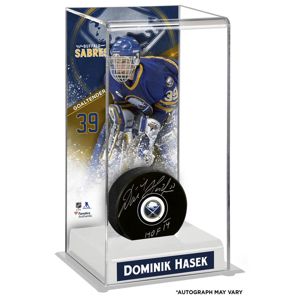 Dominik Hasek Buffalo Sabres Autographed Puck with Deluxe Tall Hockey Puck Case