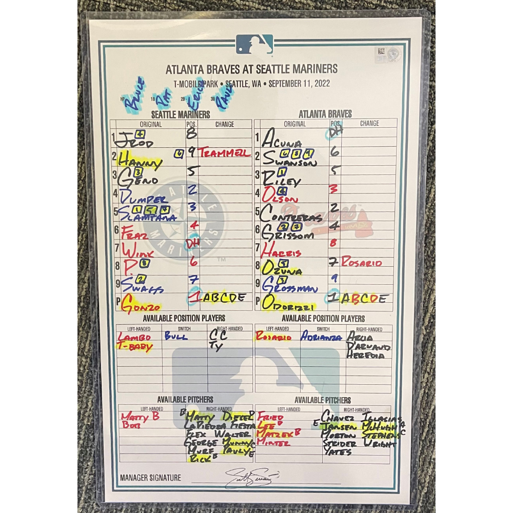 Game Used Lineup Card Braves Mariners 9/11/2022 Seattle Mariners