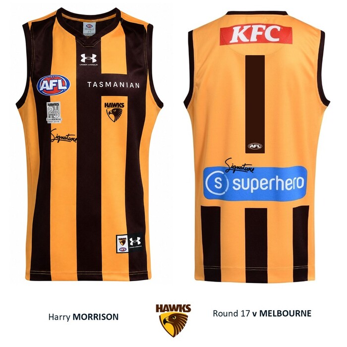 Photo of Harry Morrison #1 Hawthorn 2026 '25 Years in Tasmania' Match-Worn Guernsey