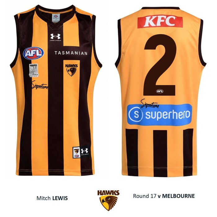 Photo of Mitch Lewis #2 Hawthorn 2026 '25 Years in Tasmania' Match-Worn Guernsey