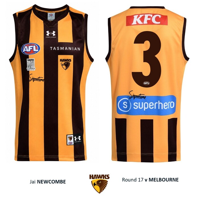 Photo of Jai Newcombe #3 Hawthorn 2026 '25 Years in Tasmania' Match-Worn Guernsey