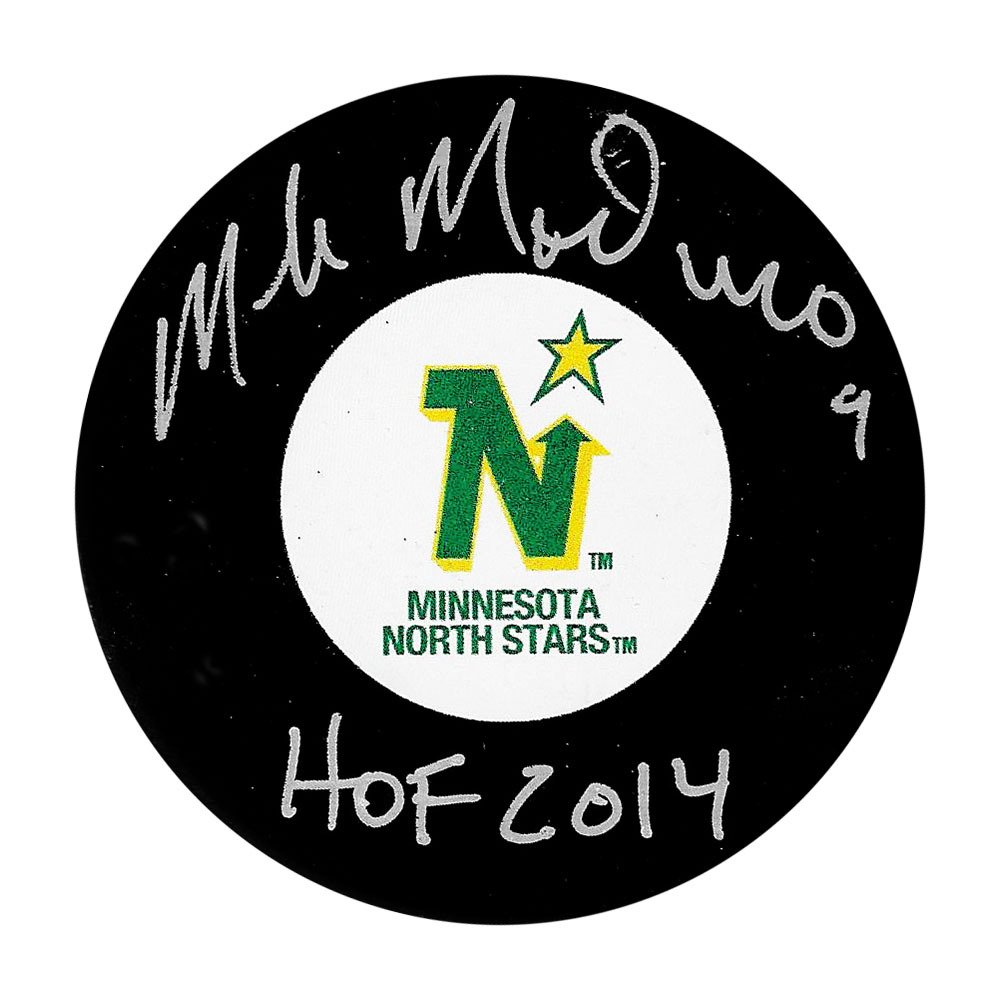 Mike Modano Autographed Minnesota North Stars Puck w/HOF 2014 Inscription