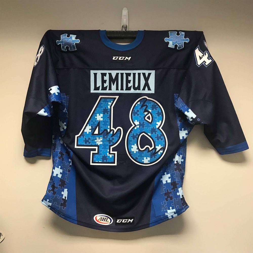 AHL Authentic Manitoba Moose Autism Awareness Jersey Worn and Signed by 48 Brendan Lemieux