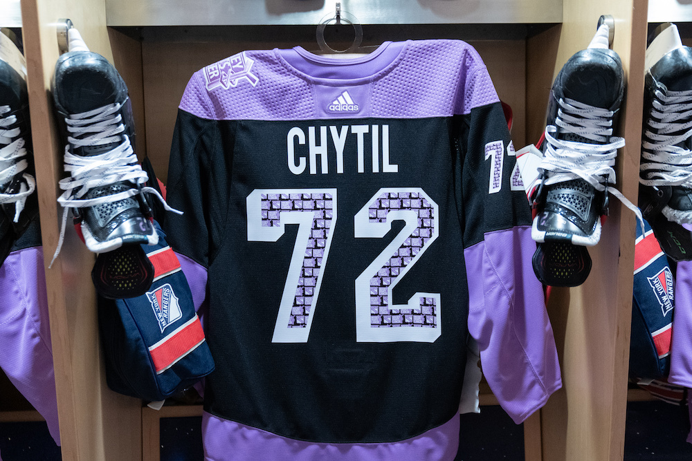 Autographed Hockey Fights Cancer Night WarmUp Jersey 72 Filip Chytil New York Rangers NHL