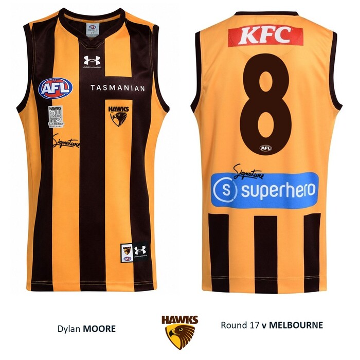 Photo of Dylan Moore #8 Hawthorn 2026 '25 Years in Tasmania' Match-Worn Guernsey
