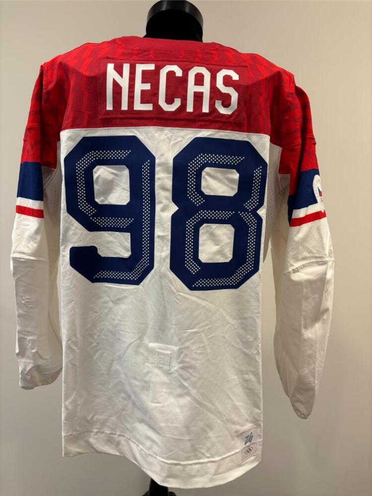 Martin Necas Czechia Game-Used White Jersey worn v. France on February 13, 2026, as a part of the 2026 Milano Cortina Winter Games.