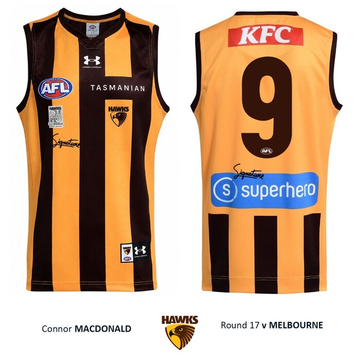 Photo of Connor Macdonald #9 Hawthorn 2026 '25 Years in Tasmania' Match-Worn Guernsey
