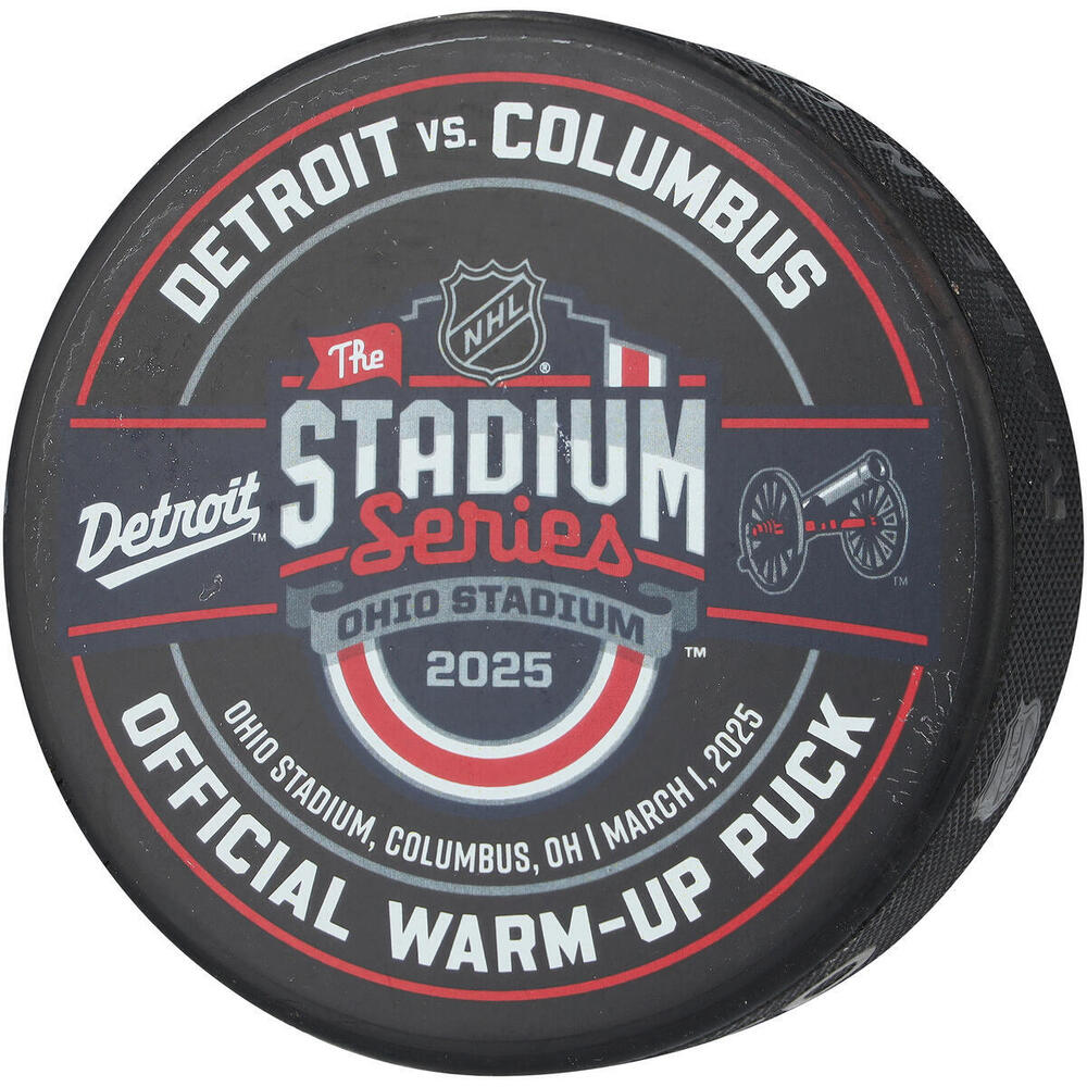 2025 Stadium Series Practice-Used Warm-Up Puck from the Game Between the Columbus Blue Jackets and Detroit Red Wings on March 1, 2025