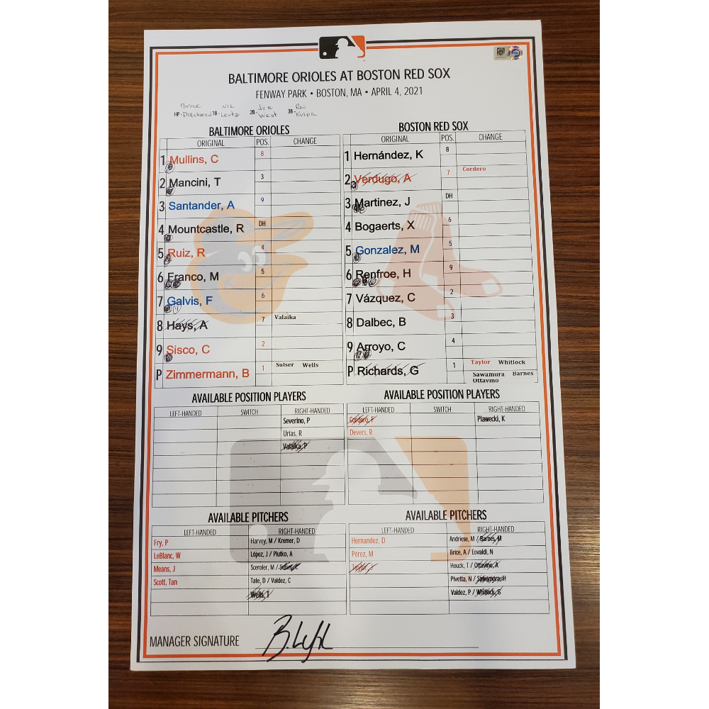 lineup card 4421 at boston red sox baltimore orioles auctions