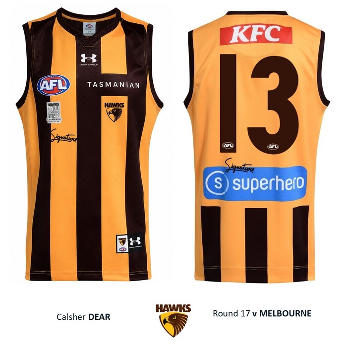 Photo of Calsher Dear #13 Hawthorn 2026 '25 Years in Tasmania' Player-Issue Guernsey