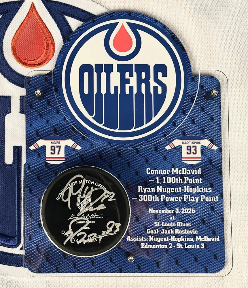 Connor McDavid & Ryan Nugent-Hopkins - Autographed NHL Milestone Puck - McDavid 1100th NHL Point & Nugent-Hopkins 300th NHL Power Play Point! - Includes Custom Acrylic Display Holder