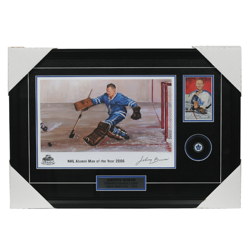 Johnny Bower Autographed Framed Postcard - Player Inductee, 1976