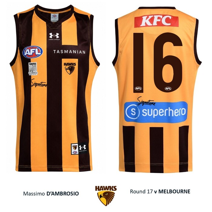 Photo of Massimo D'Ambrosio #16 Hawthorn 2026 '25 Years in Tasmania' Match-Worn Guernsey