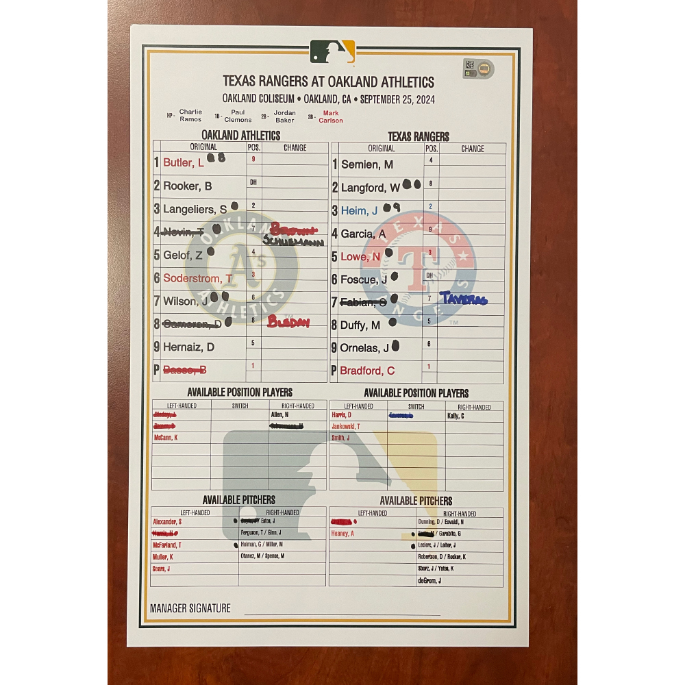 Game-Used Lineup Card; 9/25/24 vs TEX (2nd to the last game