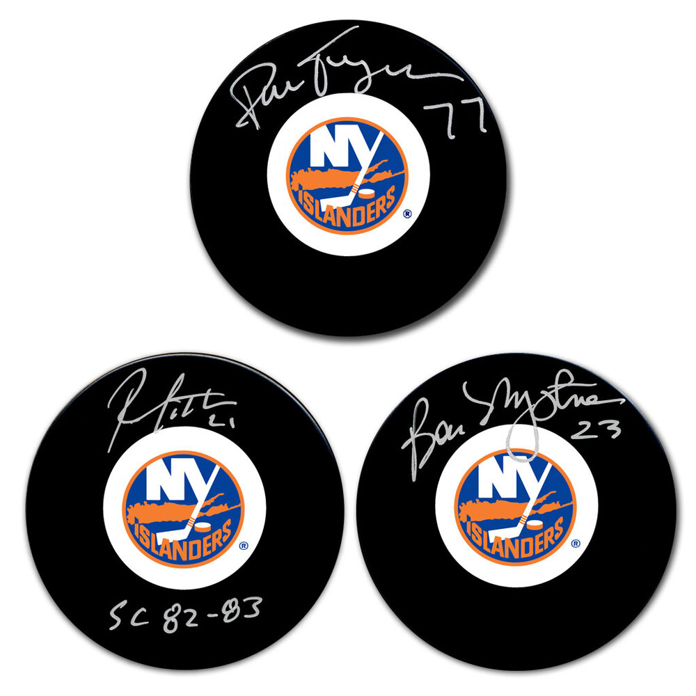 Pierre Turgeon, Brent Sutter & Bob Nystrom Autographed New York Islanders Hockey Puck Bundle