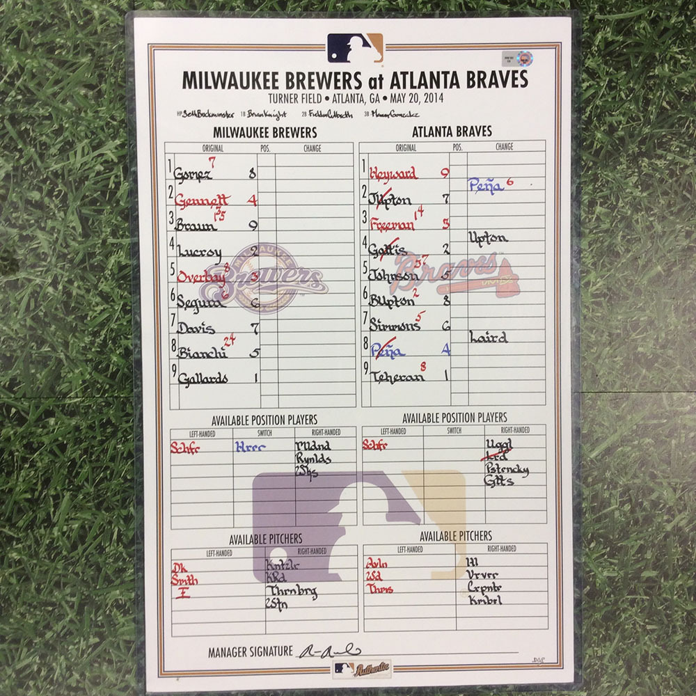 Brewers Charity Auction MIL ATL 5/20/14 Lineup Card Gallardo vs
