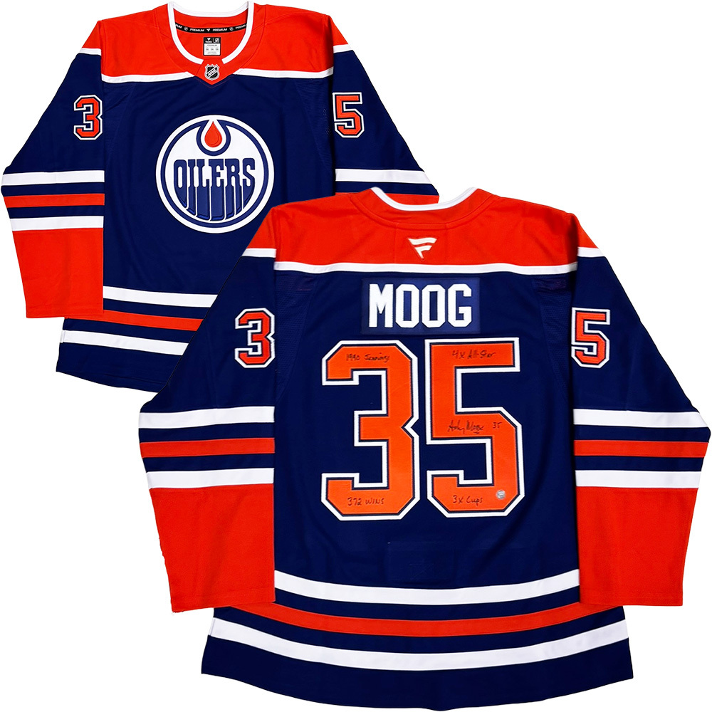 Andy Moog Autographed Edmonton Oilers Fanatics Premium Jersey w/Multiple Inscriptions