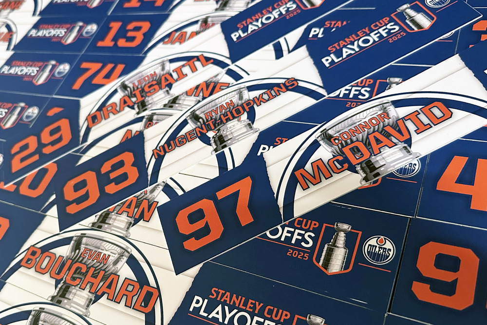 Complete Set of 36 Edmonton Oilers Locker Room Stall Nameplates Used During The 2025 NHL Play-Offs Home Game Nights - Rounds 1 Vs LA Kings & Round #2 Vs Vegas Golden Knights