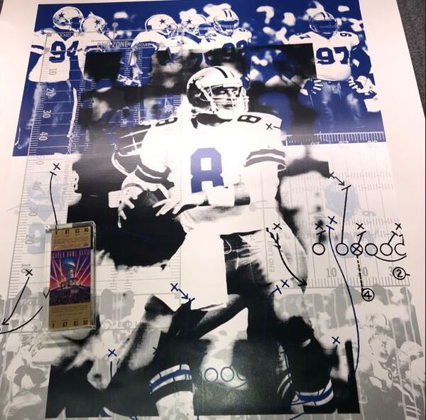 Cowboys Bundle - TROY AIKMAN SIGNED POSTER + SUPER BOWL XXVII PAPERWEIGHT