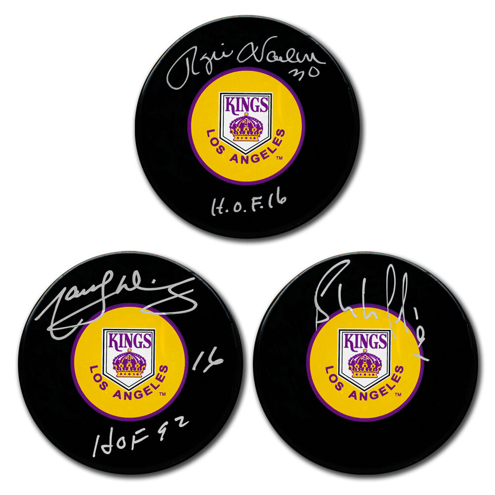Rogie Vachon, Marcel Dionne & Bernie Nicholls Autographed Los Angeles Kings Hockey Puck Bundle