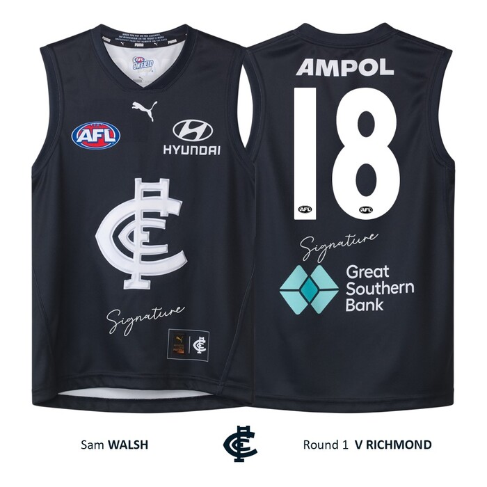 Photo of Sam Walsh #18 Carlton Round 1 'Raised Monogram' Guernsey