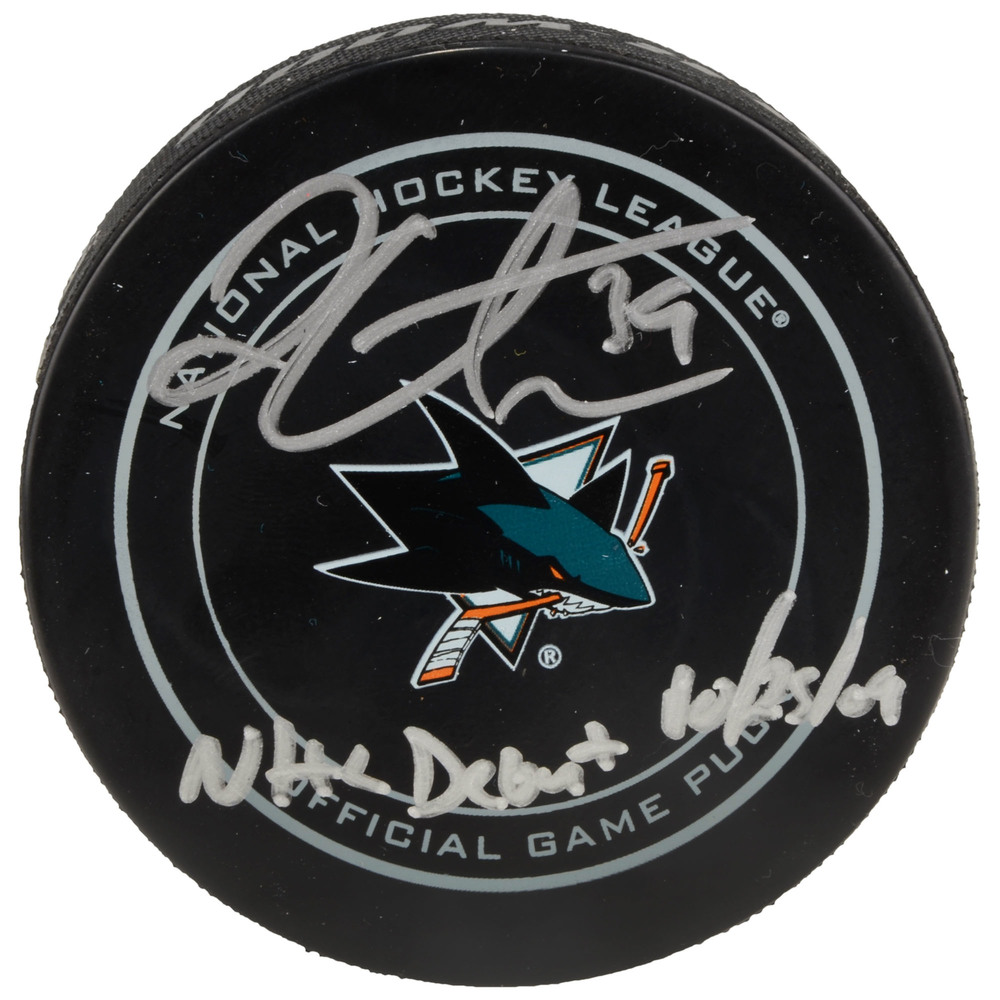 Logan Couture San Jose Sharks Autographed Official Game Puck with NHL Debut 10/25/09 Inscription