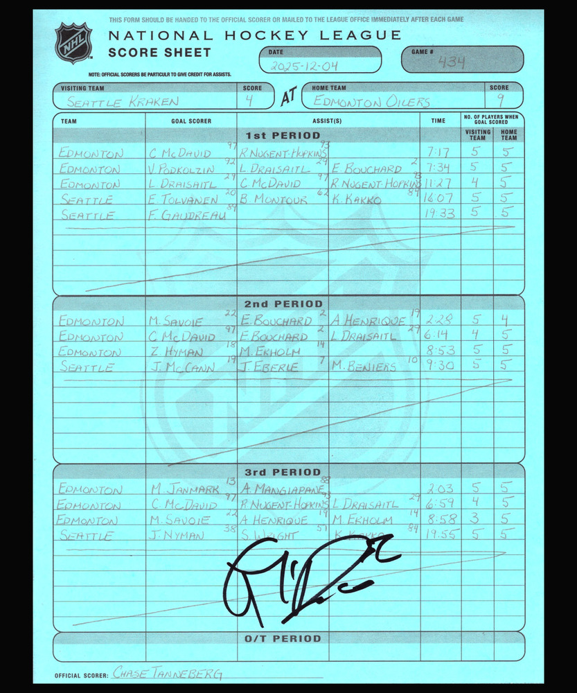 Connor McDavid #97 - Autographed Edmonton Oilers vs Seattle Kraken NHL Game Scoresheet From December 4, 2025 - 13th NHL Career Hat Trick!