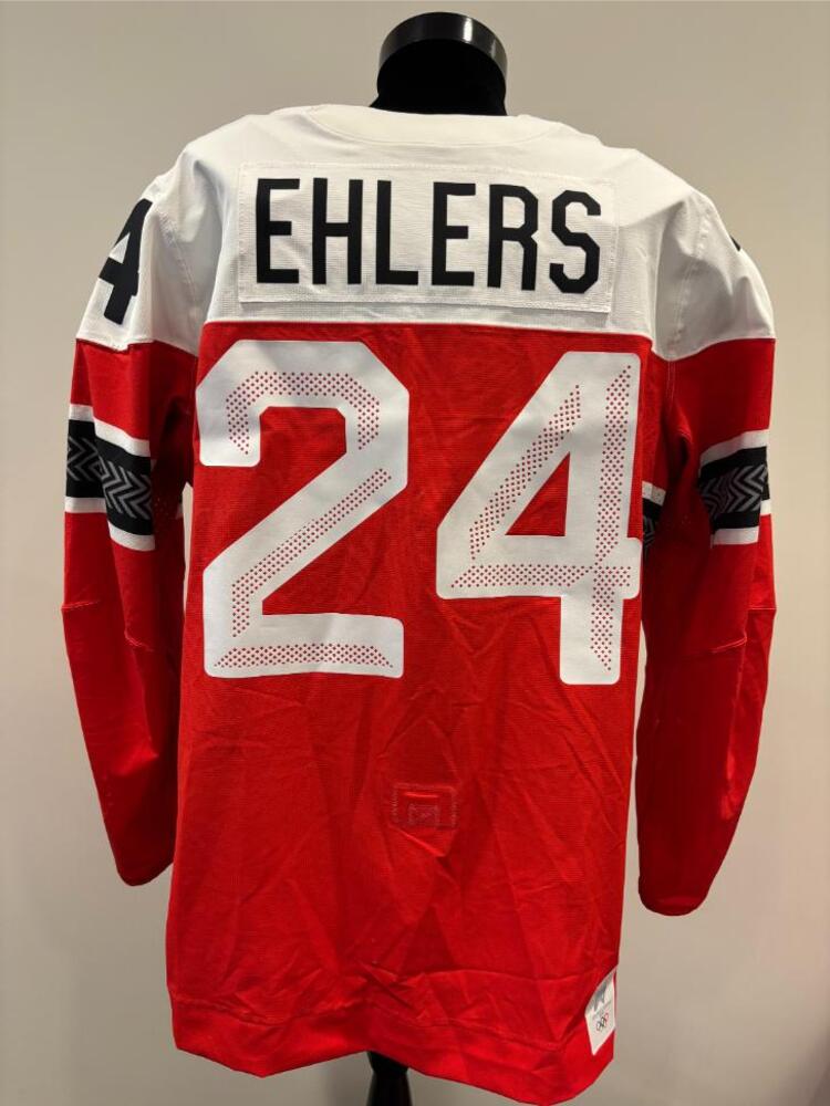 Nikolaj Ehlers Denmark Game-Used Red Jersey worn v. Latvia on February 15, 2026, as a part of the 2026 Milano Cortina Winter Games.